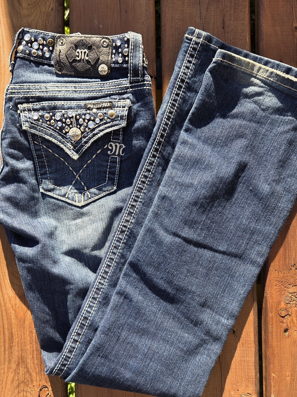 Miss Me Dark Blue Bootcut Jeans with Rhinestone Embellishment